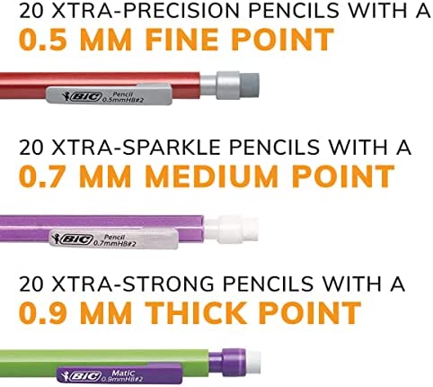 BIC Mechanical Pencil Variety Pack, Number 2 Pencils With Erasers, Fine Point (0.5mm), Medium Point (0.7mm) and Thick Point (0.9mm), 60 Count, Bulk Mechanical Pencils for School or Work (WX7TG026-BLK)