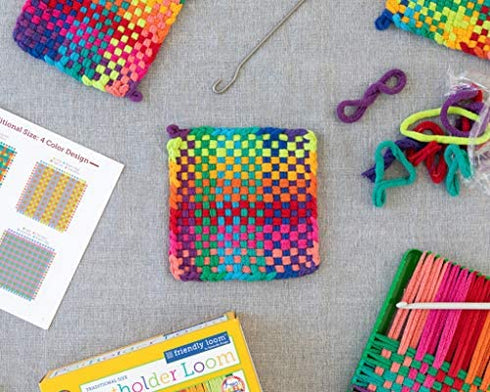Friendly Loom 7" Potholder Kit Green Metal Loom and Bright Rainbow Color Cotton Loops, Makes 2 Potholders, MADE IN THE USA by Harrisville Designs.