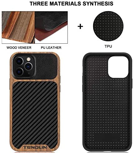 TENDLIN Compatible with iPhone 12 Pro Max Case Wood Grain with Carbon Fiber Texture Design Leather Hybrid Case Black