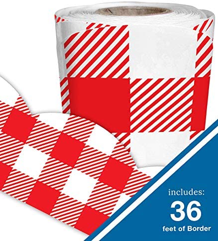 Schoolgirl Style Woodland Whimsy Red and White Bulletin Board Borders, 36 Feet of Scalloped Gingham Classroom Borders for Bulletin Board, White Board, Cork Board, Red & White Desk, Classroom Decor