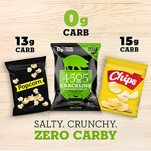 4505 Meats Spicy Green Chili and Lime Cracklins, Fried Pork Rinds, Keto Certified, Family Size Bag, 14 Servings, 7 Ounce