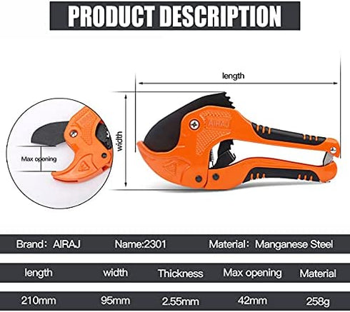AIRAJ PVC Pipe Cutter to Cutting 1-3/4'' (42mm) PEX,PVC,PPR Plastic Pipes,Ratcheting PVC Pipe Cutter with SK5 Steel Blade & Ergonomic Handle,Plastic PVC Cutter Suitable for Home Working and Plumber
