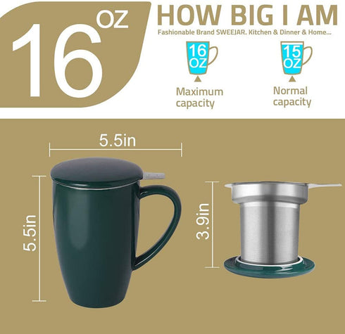 SWEEJAR Porcelain Tea Mug with Infuser and Lid, Teaware with Filter, Loose Leaf Tea Cup Steeper Maker, 16 OZ for Tea/Coffee/Milk/Women/Office/Home/Gift (Turquoise)