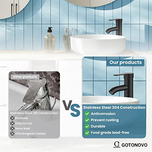 Bathroom Vessel Bowl Sink Faucet Matte Black Single Handle Lavatory Vanity Mixer Bar Tap with Pop Up Drain Combo Tall Spout Single Hole Deck Mount