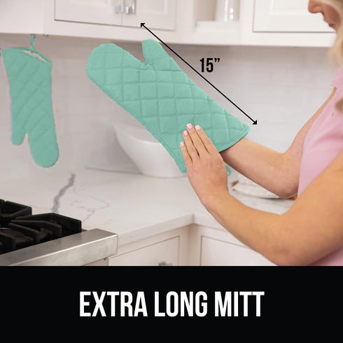 Gorilla Grip Heat Resistant Thick Cotton Oven Mitts, 15 Inch, Soft Quilted Lining, Durable Flexible Gloves, Protect Hands from Hot Kitchen Surfaces, Extra Long Cooking Mitt for Baking Sheet, Mint