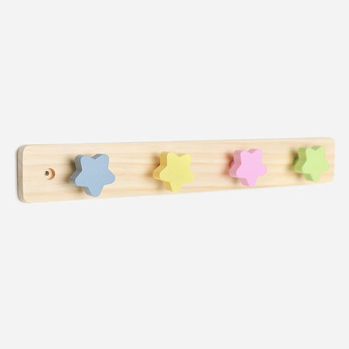 WonderBee Wooden Coat Hanger Rack Wall Mounted 14" - Natural Pine Wood, 4 Star Shaped Pegs, Rounded Corners, Predrilled Mounting Holes for Easy Install. Decorative For Kid's Bedroom, Bath, Living Room