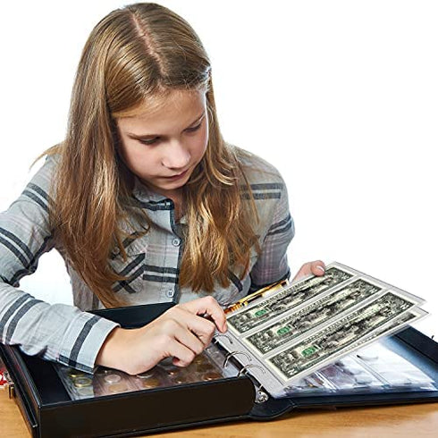 12 Sheets Paper Money Collection Supplies Pages, Currency Collecting Book Album Sleeves, 36 Pocket Money Stamp Page Holders for Standard 9-Hole Coin Collector Binder, 3 Pockets/Sheet