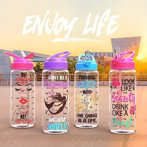 Home Tune 32oz Motivational Water Bottle with Straw & Time Marker, BPA FREE Tritan & Dustproof Flip Straw & Leak Proof & Carry Handle & Pretty Design & Easy Clean (Mermaid)