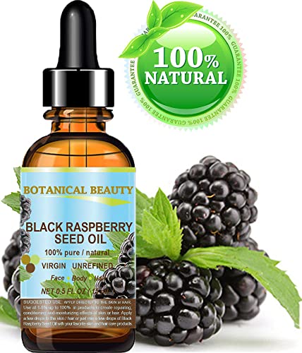 BLACK RASPBERRY SEED OIL. 100% Pure / Natural / Undiluted / Virgin / Unrefined / Cold Pressed Carrier oil. 0.5 Fl.oz.- 15 ml. For Skin, Hair, Lip and Nail Care. "One of the highest antioxidants, rich in vitamin A and E, Omega 3, 6 and 9 Essential Fatty Ac