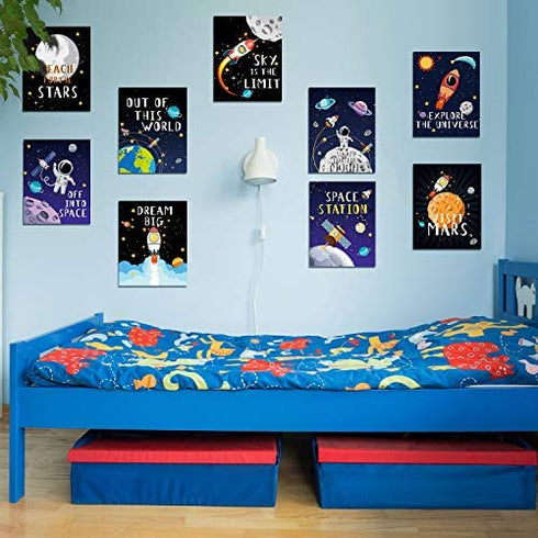 Blulu 9 Pieces Outer Space Decor for Kids Room Boy Bedroom Space Posters 8 x 10 Inch Cute Inspirational Wall Art Decoration for Boys and Girls Playroom Space Nursery Decor