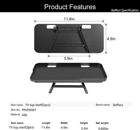 TV Top Shelf Monitor Shelves, Baffect 2pcs Adjustable TV Top Mount Storage Bracket Computer Screen Caddy Top Shelf for WiFi Router,Remote Control,Media Box,Plant (Black,11.8 inches
