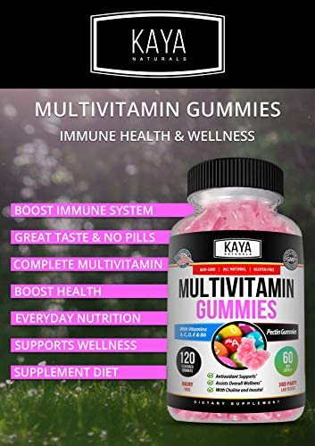 Kaya Naturals Adult, Women's, Men's, Kids, &Teens Multi Vitamin Gummy, Biotin, Vitamin A, C & E, Including Zinc & More - Strawberry Flavor | Gluten-Free multivitamins Sweet Adult 120 Gummies