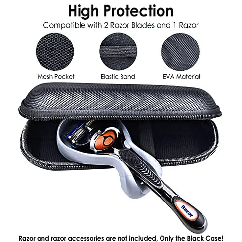 Enerfort Hard EVA Razor Travel Case Compatible with Gillette Men's Razor - Mesh Pocket for 2 Razor Blades + Lightweight Carrying Handle + Durable Zipper (Only Case) (Black)