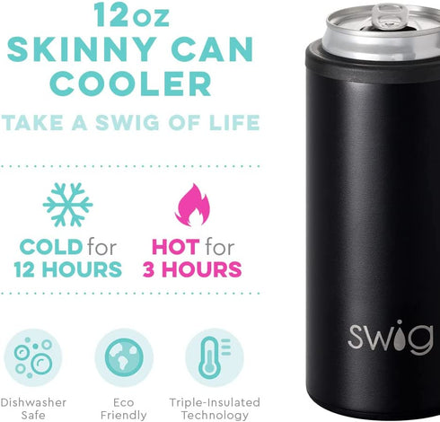 Swig Life Skinny Can Cooler, Stainless Steel, Dishwasher Safe, Triple Insulated Slim Can Sleeve for 12oz Tall Skinny Can Beverages (Black)