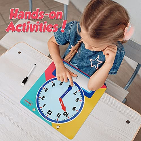Magnetic Writable Dry Erase Learning Clock | Clock for Kids Learning to Tell Time | Large 12" Demonstration Teaching Time Practice Clock with Dry Erase Writing Surface | Pen Included | (Rainbow)