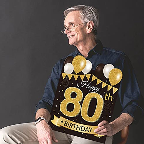 Large Happy 80th Birthday Party Yard Sign Black Gold 80 Birthday Yard Signs with Stakes and Outdoor Lawn Decorations
