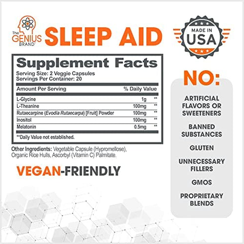 Genius Natural Sleep Aid Supplement, 40 Capsules - Smart Sleeping Pills & Adrenal Fatigue Supplement - Relaxation Enhancer and Mood Support with Melatonin, Inositol, L-Theanine & L-Glycine – Vegan