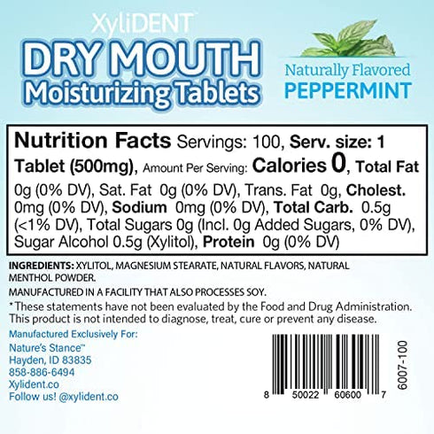 XyliDENT Xylitol Tablets for Dry Mouth Relief - Stimulates Saliva, Freshens Breath, Reduces Acid Production, Fast Acting Relief, 100 Count (Peppermint)