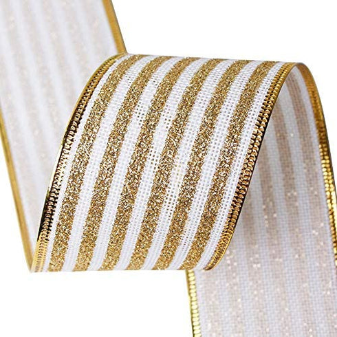 2-1/2" Wide 5 Yard Stripe Wired Edge Ribbon Christmas Ribbon for Gifts Wrapping Wreath Tree Ornaments (63MM-Glitter Gold)