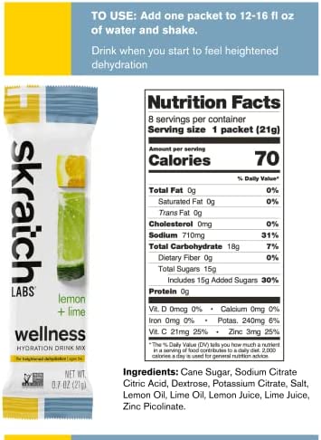 SKRATCH LABS Wellness Hydration Drink Mix, Lemon and Lime (8 Pack Single Serving), Oral Rehydration Solution, ORS, Vegan, Non-GMO, Gluten Free, Dairy Free, Kosher