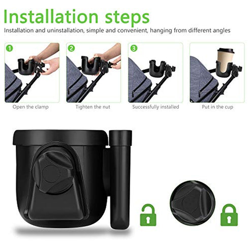 Suranew Stroller Cup Holder with Phone Holder/Organizer, Universal Bike Cup Holder, 2-in-1 Cup Holder for Walker, Bike, Wheelchair, Walker