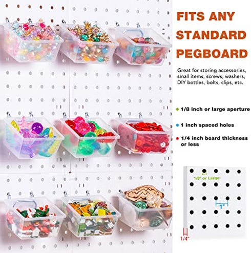6 Pack Pegboard Clear Bins, Pegboard Bins Hooks, DIY Pegboard Accessories, Workbench Small Bins Fit 1/4 -1/8 Peg Board for Organizing Hardware, Garage Storage, Craft Room, Tool Shed, Hobby Supplies