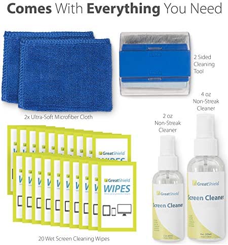 GreatShield Screen Cleaning Kit with 2 Bottle Solution (60ml and 120ml), 2 Microfiber Cloths, 20 Non-Alcohol Screen Cleaning Wipes, and Brush for Laptops, PC monitors, Smartphones, Tablets, TVs