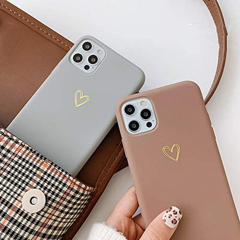 Ownest Compatible with iPhone 12 Case, 12 Pro Case for Soft Liquid Silicone Heart Pattern Slim Protective Shockproof Case for Women Girls for iPhone 12/12 Pro-Brown