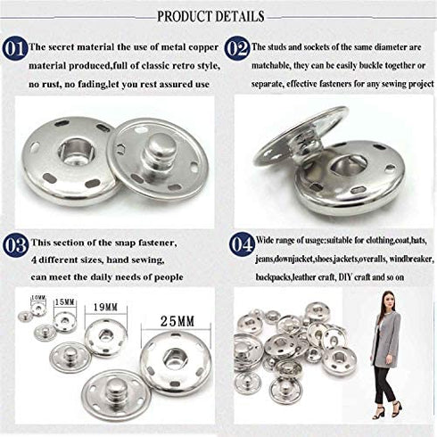 55 Sets Sew-on Snap Buttons Metal Snap Fastener Durable Press Studs Buttons for Sewing Clothing, 4 Sizes (Silver)