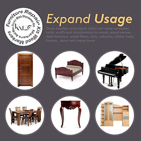Katzco Wood Furniture Repair Kit Wood Markers For Scratches - Set of 13 - Markers and Wax Sticks with Sharpener - Wood Floor Scratch Remover Cover-Up for Tables, Desks