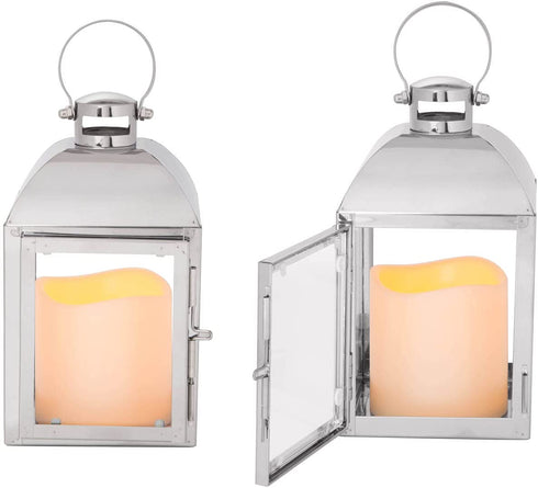 Silver Decorative Lantern, Set of 2 - LED Flameless Candles, 8 Inch, Battery Operated, 6 Hour Timer, Winter Wedding Centerpiece / Ramadan Home Decor
