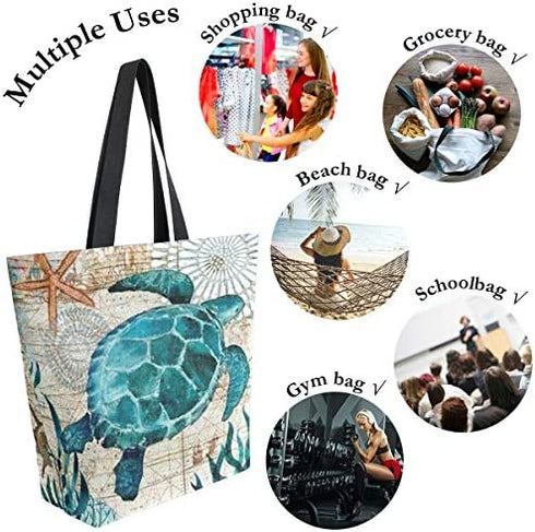 Naanle Ocean Turtle Canvas Tote Bag Large Women Casual Shoulder Bag Handbag, Sea Turtle Reusable Multipurpose Heavy Duty Shopping Grocery Cotton Bag for Outdoors.