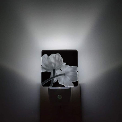 Plug-in Night Light Lamp with Sensor, Flower Art Grey and White Tulip, Wall LED Nightlights Auto Dusk to Dawn Sensor for Bedroom, Baby Nursing, Bathroom, Hallway, Stairs Home Decorative Black