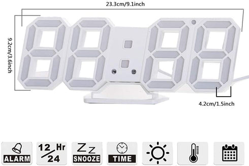 Petilleur 3D Digital Alarm Clock,Wall LED Number Time Clock with 3 Auto Adjust Brightness Levels,Led Electronic Clock with Snooze Function,Modern Night Light Clock Date,Temperature Display (White)