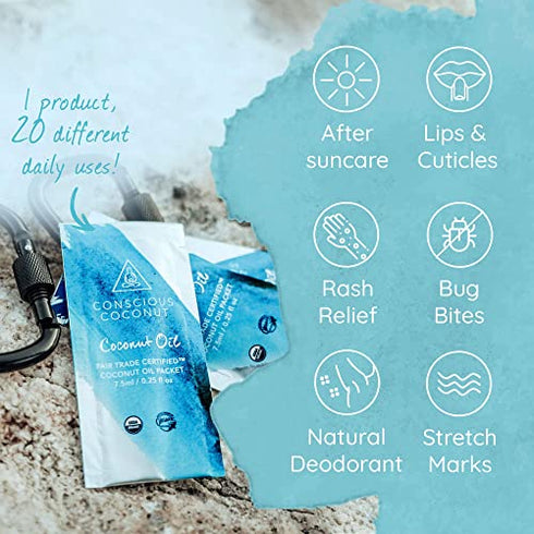 Certified Organic, Fair Trade Coconut Oil Packets, Cold-Pressed Virgin Coconut Oil for Skin Care and Hair Care, Grab & Go Box, Small Batch Coconut Oil Packets, 10 packets - Conscious Coconut