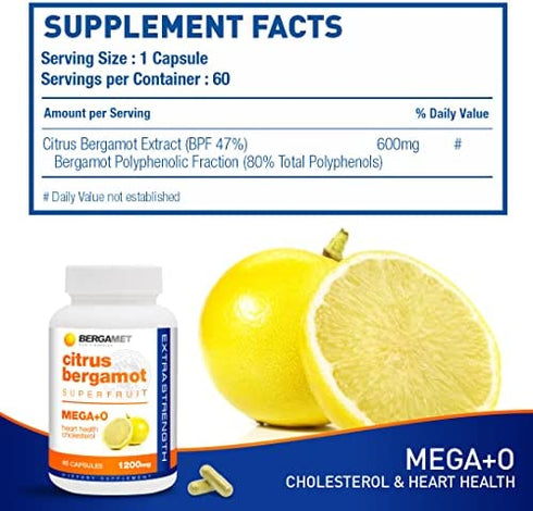 Citrus Bergamot - 1200mg, 80% Polyphenols - Citrus Bergamot Supplement for Healthy Cholesterol - Supports Heart & Cardiovascular Health - Cholesterol Supplements - Bergamot Capsules - USA - 60 Caps