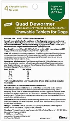 Elanco Chewable Quad Dewormer for Small Dogs, 2-25 lbs, 4 Chewable Tablets, White