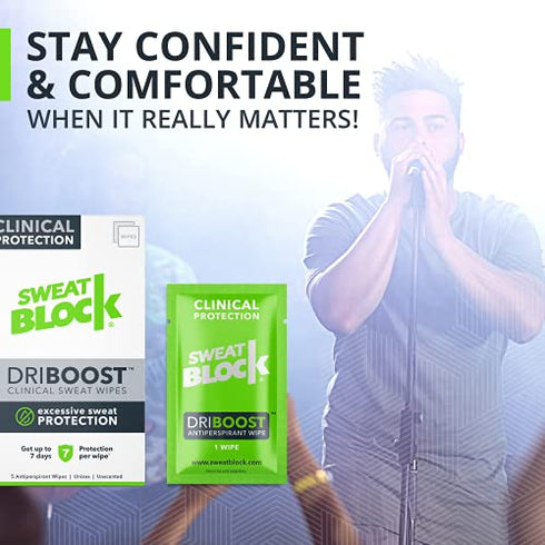SweatBlock DRIBOOST Clinical Strength Antiperspirant Wipes - Treat Hyperhidrosis, Excessive Sweating, & Stop Pit Stains - Up to 7 days Protection Per Wipe - 5 ct - Unisex