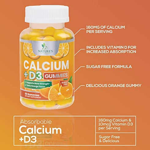 Sugar Free Chewable Calcium Gummies with Vitamin D3 - Premium Calcium & Vitamin D Gummy Chews for Bone & Teeth Health & Immue Support - Non-GMO, Orange Flavor, Nature's Supplement - 60 Gummies