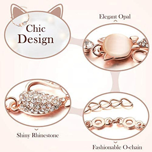 3 Pieces Cat Jewelry for Girls Set Cat Necklace Cat Bracelet Earring Pink Opal Pendant for Teen Girls and Women Christmas Gift