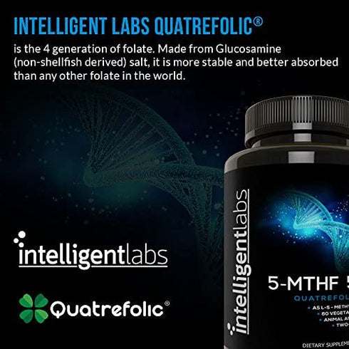 Intelligent Labs 1MG 5-MTHF Methylfolate, 120 Capsules, 4 Months Supply, Best Value Folic Acid Supplement as Quatrefolic Acid, Activated Folate, 1MG = 1000mcg, 5 methyltetrahydrofolate