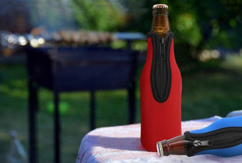 Beer Bottle Insulator Sleeve Different Color. Zip-up Bottle Jackets. Keeps Beer Cold and Hands Warm. Classic Extra Thick Neoprene with Stitched Fabric Edges, Enclosed Bottom, Perfect Fit (Pack-of-12)
