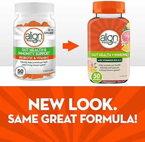Align Probiotic, Gut Health & Immunity Support, Probiotic for Women and Men, #1 Doctor Recommended Brand, Vitamin C and B12 for Immune Support & Energy, Citrus Flavor, 50 Gummies