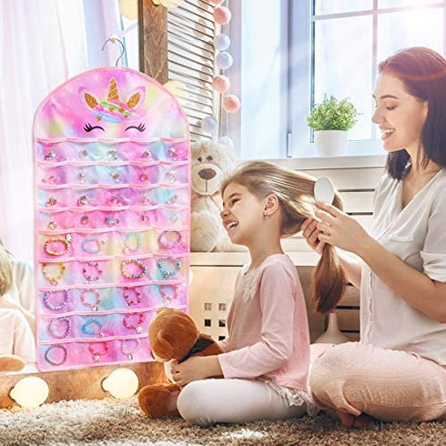 FIOBEE Girls Hanging Jewelry Organizer Holder Unicorn Jewelry Storage Display with Hanger for Kids Earrings Necklace Bracelet