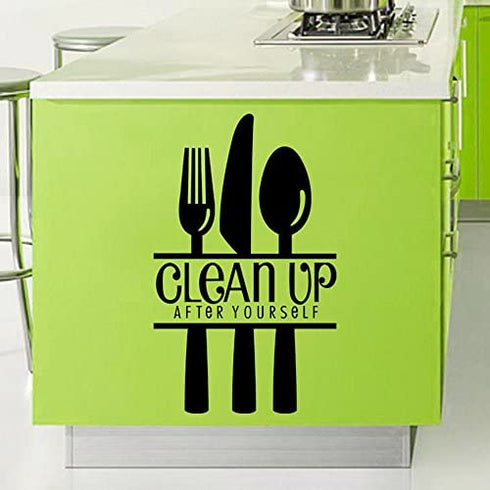 CUGBO Clean UP After Yourself Kitchen Wall Sticker, Fork Knife Spoon Wall Art Decor Mural for Kitchen Dining Room Restaurant Bar Decoration