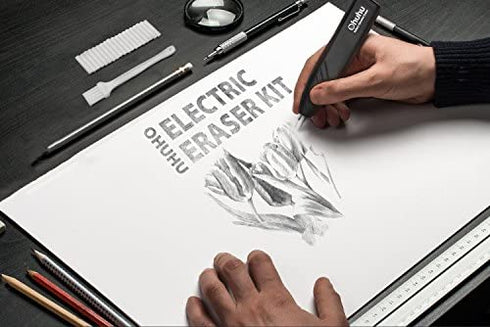 Ohuhu Electric Eraser Kit with 40 Eraser Refills and 1 Eraser Brush, Auto Erasers for Artist Drawing, Painting, Sketching, Drafting, Architectural Plans, Arts and Crafts,Battery Operated Pencil Eraser