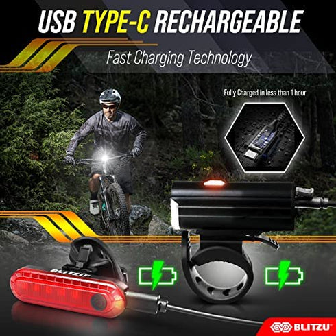 BLITZU Gator 450 Lumens Bike Lights Front and Back Set, Headlight and Tail Rear Light, USB Rechargeable Bicycle Lamp, Waterproof, LED Safety Flashlight Cycling Accessories, Fits Adult Kids MTB Helmet