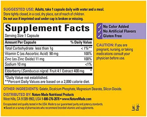 Nature Made Elderberry 400 mg Extract with Vitamin C and Zinc, Dietary Supplement for Immune Support, 60 Capsules, 60 Day Supply