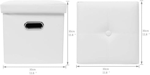 YQYS Faux Leather Cube Ottoman with Hole Handles,Folding Storage Ottomans with Removable Lid Cover, Modern Footrest Stool, Padded Seat for Living Room, Bedroom and Kids Room 11.8"x11.8"x11.8" - White