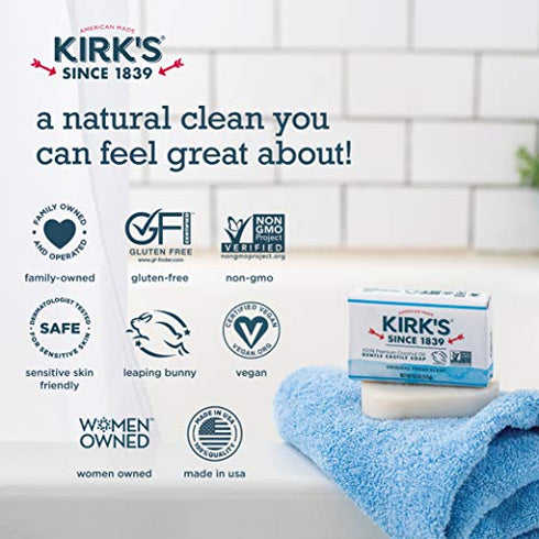 Kirk's Castile Bar Soap Clean Soap for Men, Women & Children| Premium Coconut Oil | Sensitive Skin Formula, Vegan | Original Fresh Scent | 4 oz. Bars - 3 Pack